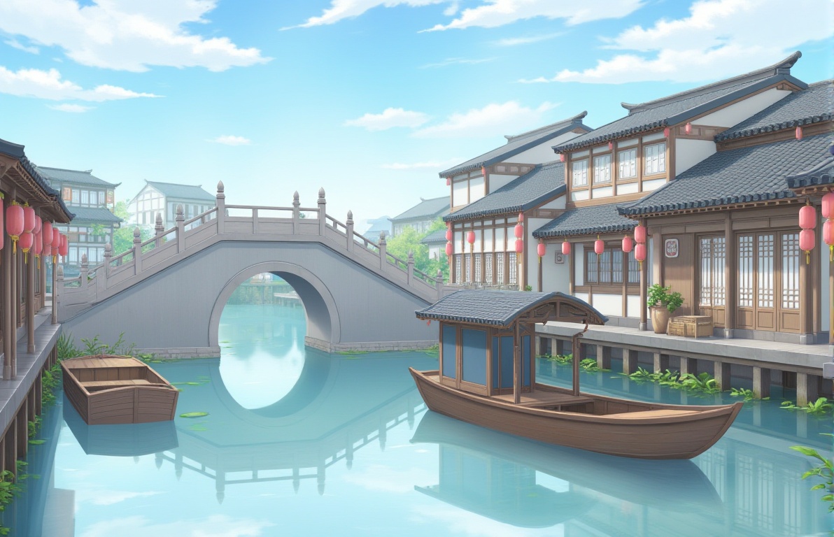 guo_feng_chang_jing,A serene scene of a traditional Japanese village with wooden houses,bridges over calm waters and boats docked along an old canal. a small boat is floating on a body of water. The boat has a brown roof and a blue door. To the left of the boat,a gray bridge stretches over the water's edge. The bridge is adorned with red lanterns,creating a peaceful and serene atmosphere. The sky is a light blue,dotted with white clouds. Digital painting,