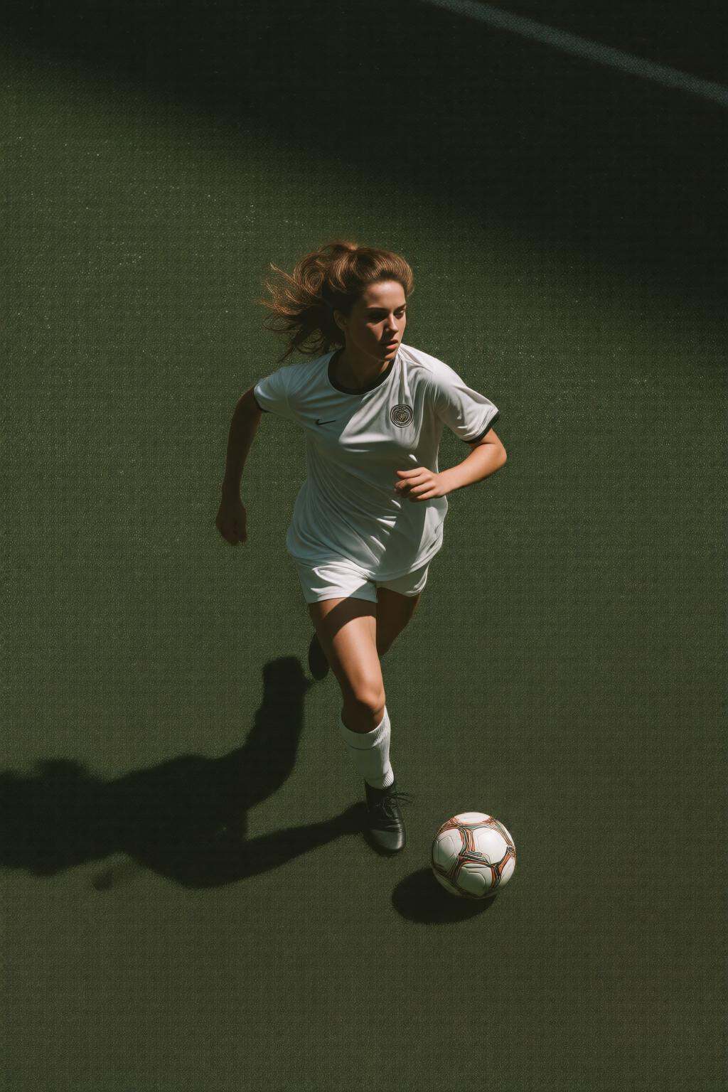 midjourneyhighangle13q High angle view. A woman in a white soccer uniform,  including a white jersey and white shorts,  ru...