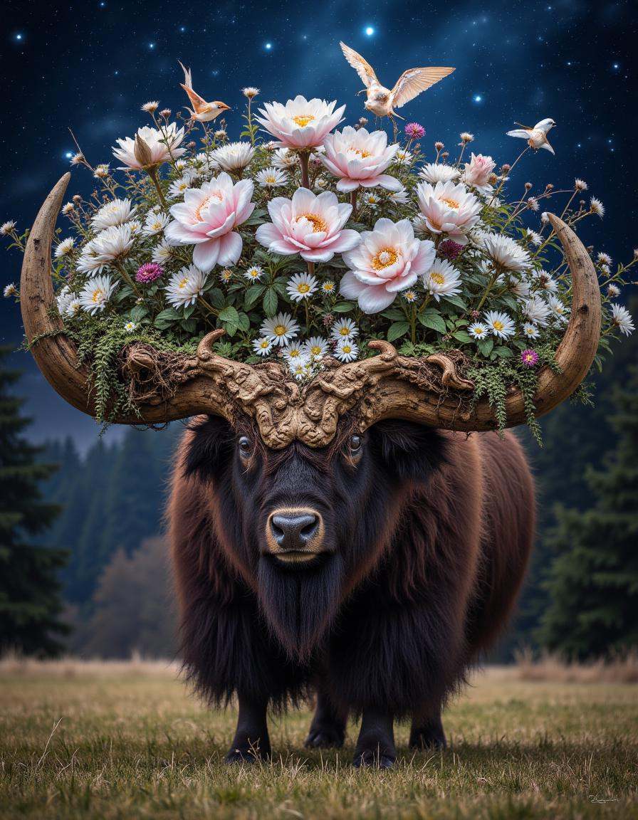 At the bottom of the image is A muskoxen using its massive horns to defend itself,  professional,  detailed. Photoshopped...