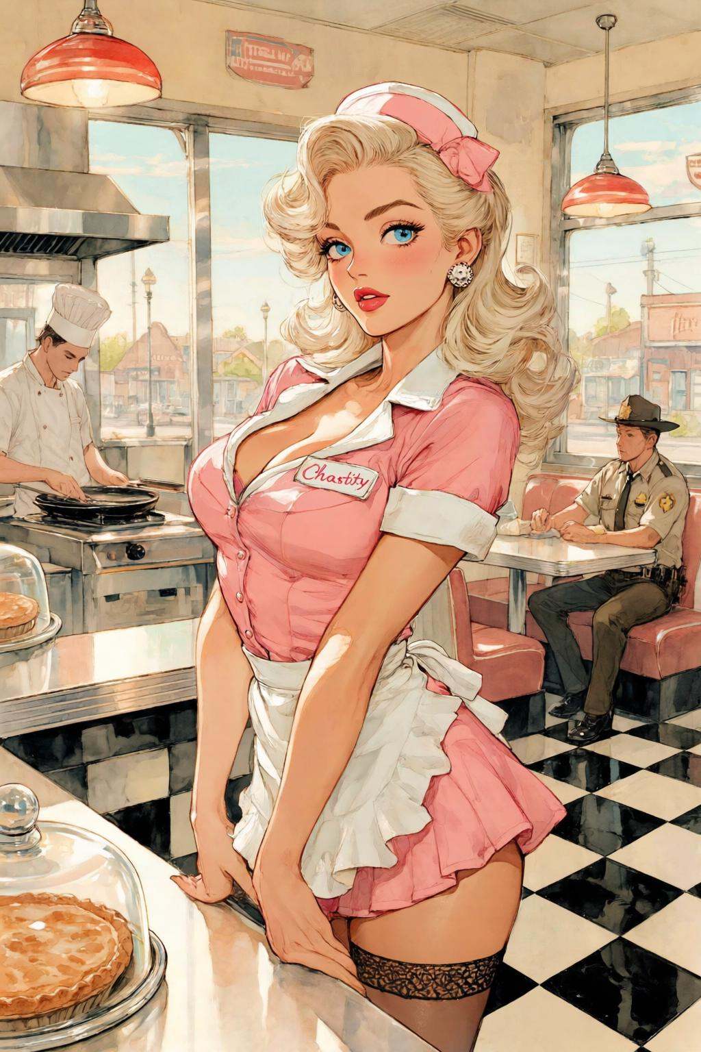 nijiwatercolor1q anime illustration. Silmas. A waitress named Chastity standing behind the formica counter of a sun-drench...