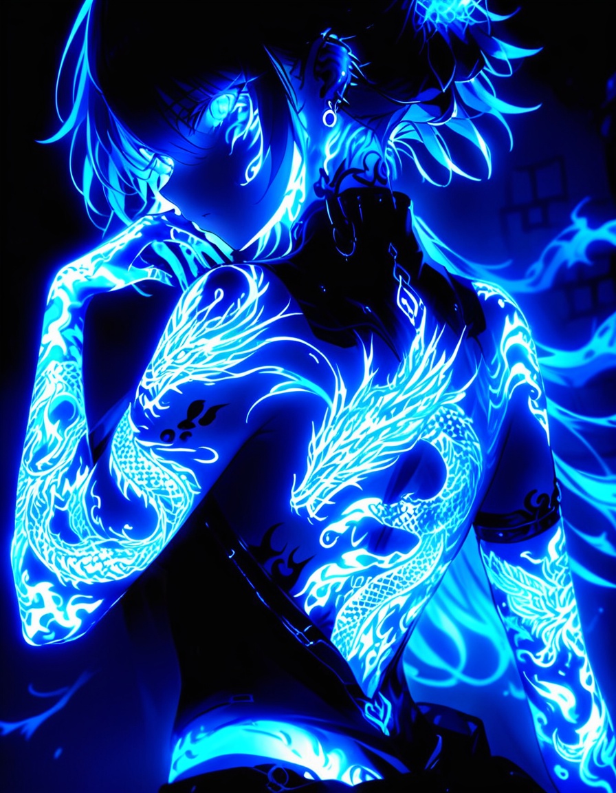A full body anime-style character with glowing blue tattoos covering their arm and face and back,  emitting a mystical and...