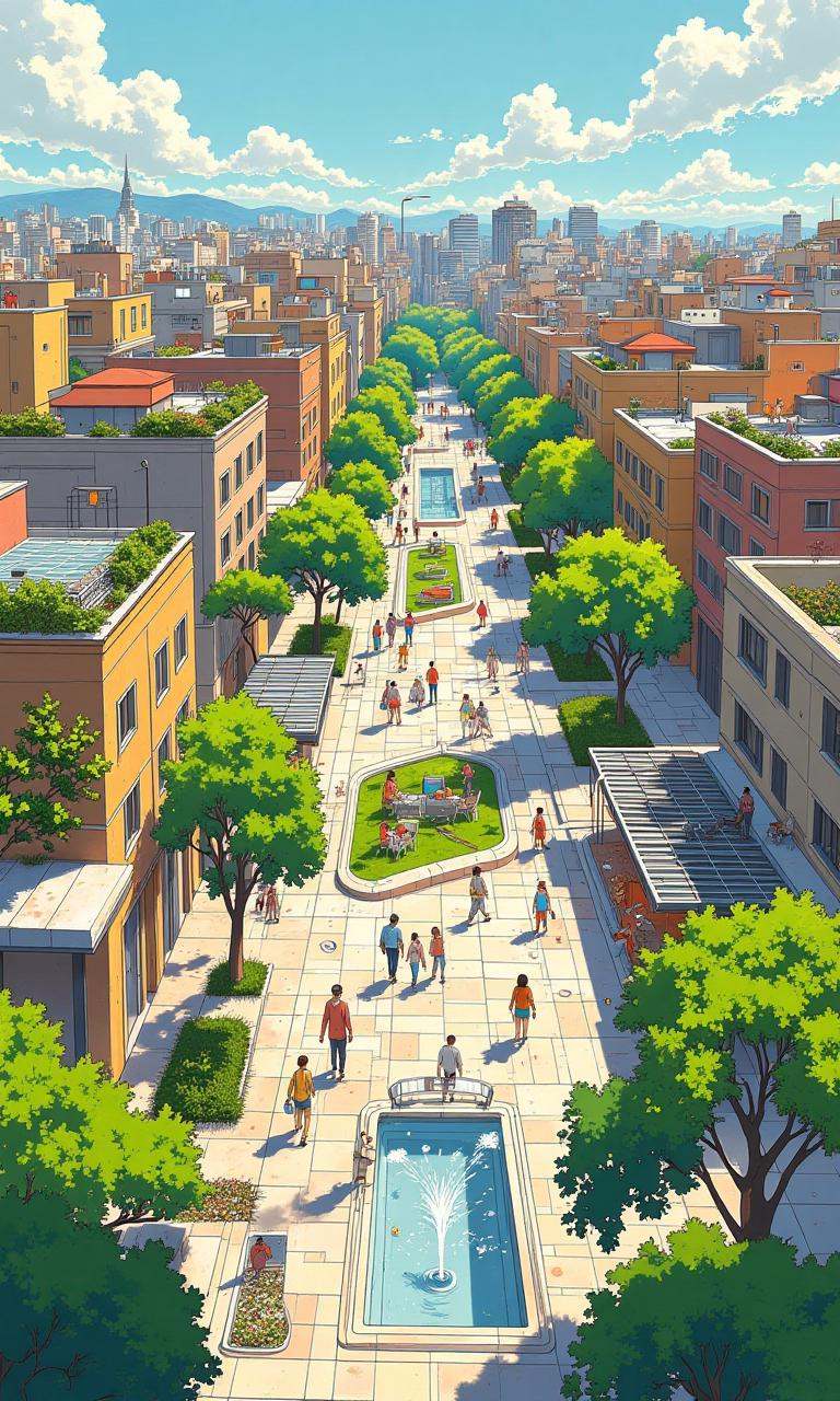 Illustration style. An area of ​​Madrid in the near future adapts to heating through low-tech solutions. Buildings are mad...