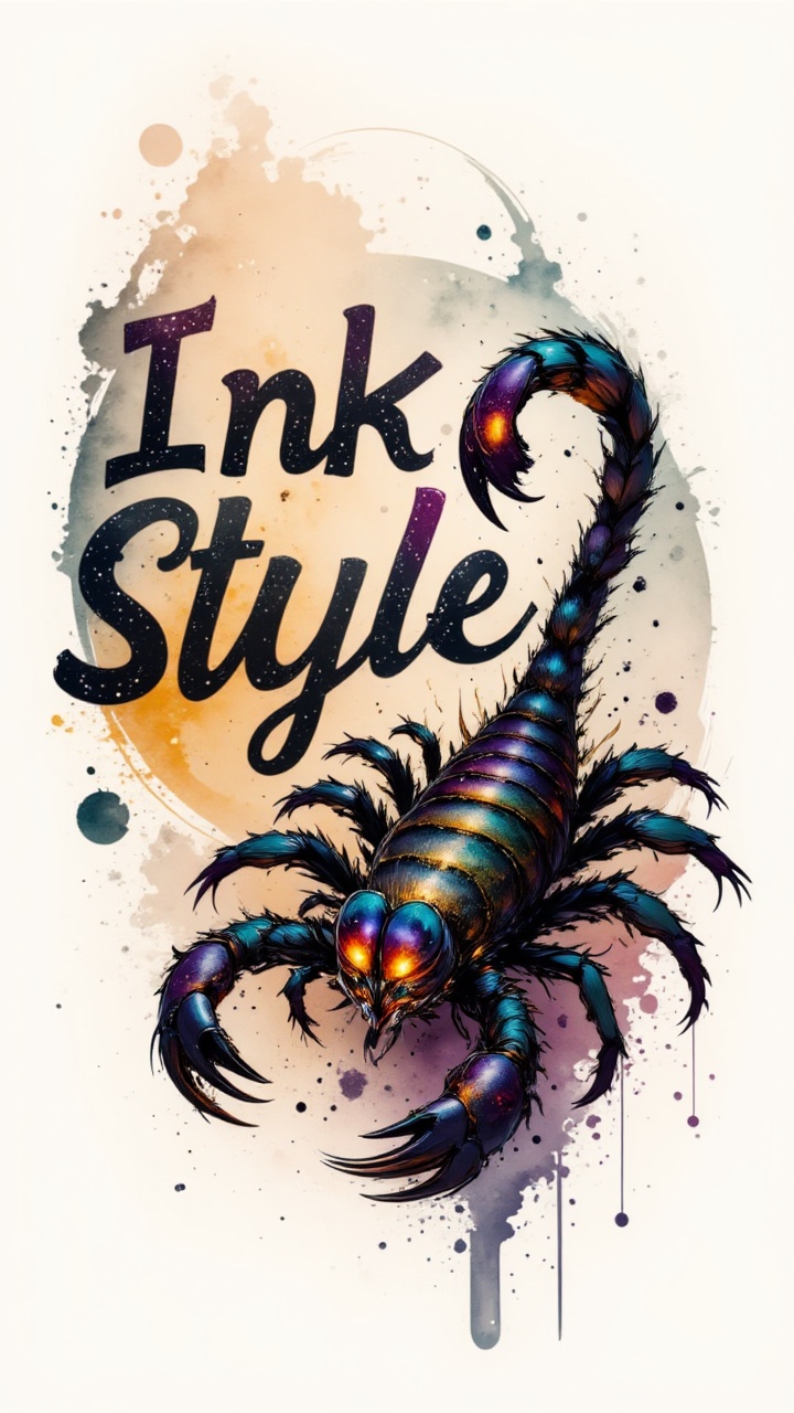 huge Colorfull sign with text:"Ink Style",  gorgeous Scorpion,  soft focus on Tensor.Art