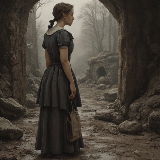 dark and gloomy children's book Artwork illustration of Gerda. She is holding a paper bag with groceries and is standing i...