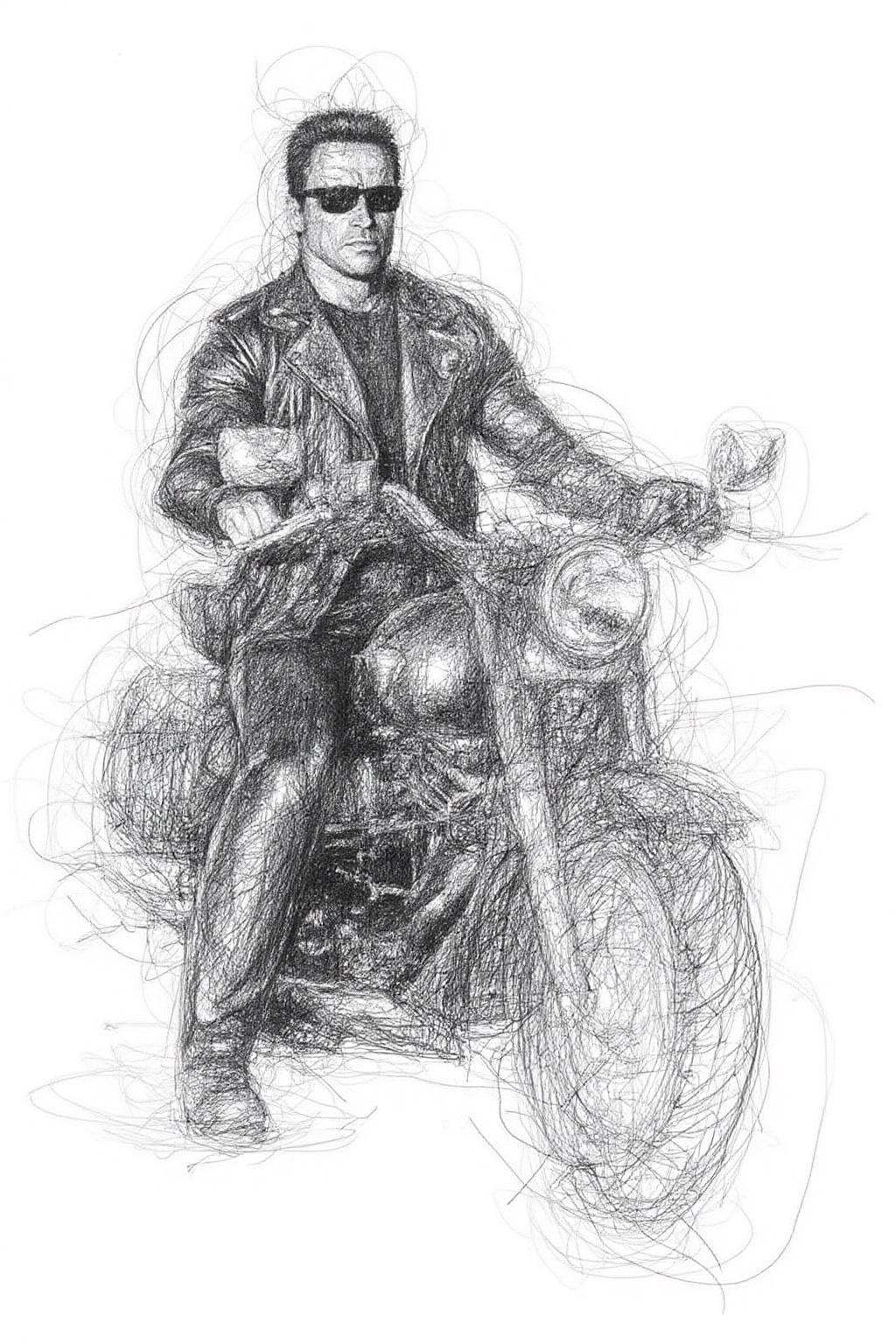 Drawing of Arnold schwarzenegger as the Terminator,  riding a motorcycle. on Tensor.Art