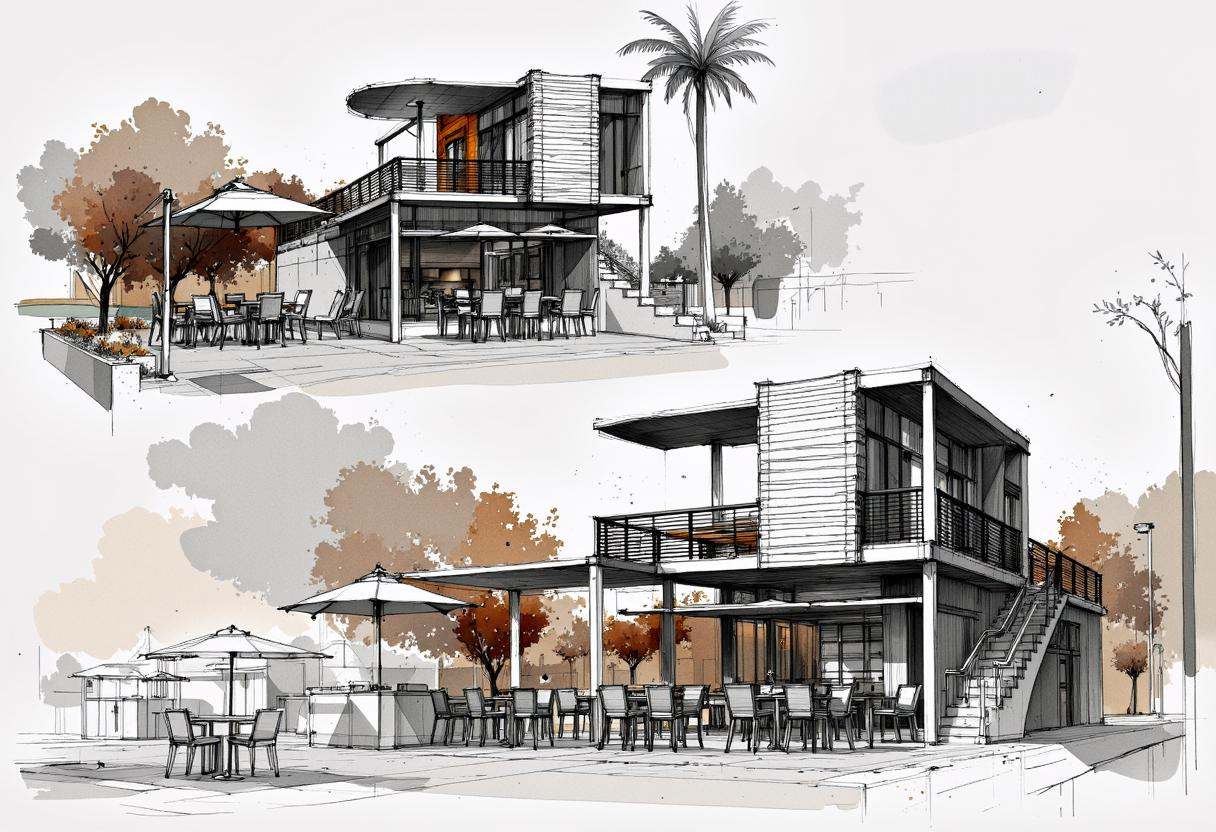 a Multi-View perspective architectural sketch of a restaurant,  masterpiece,  best quality.The sky is visible in the backg...