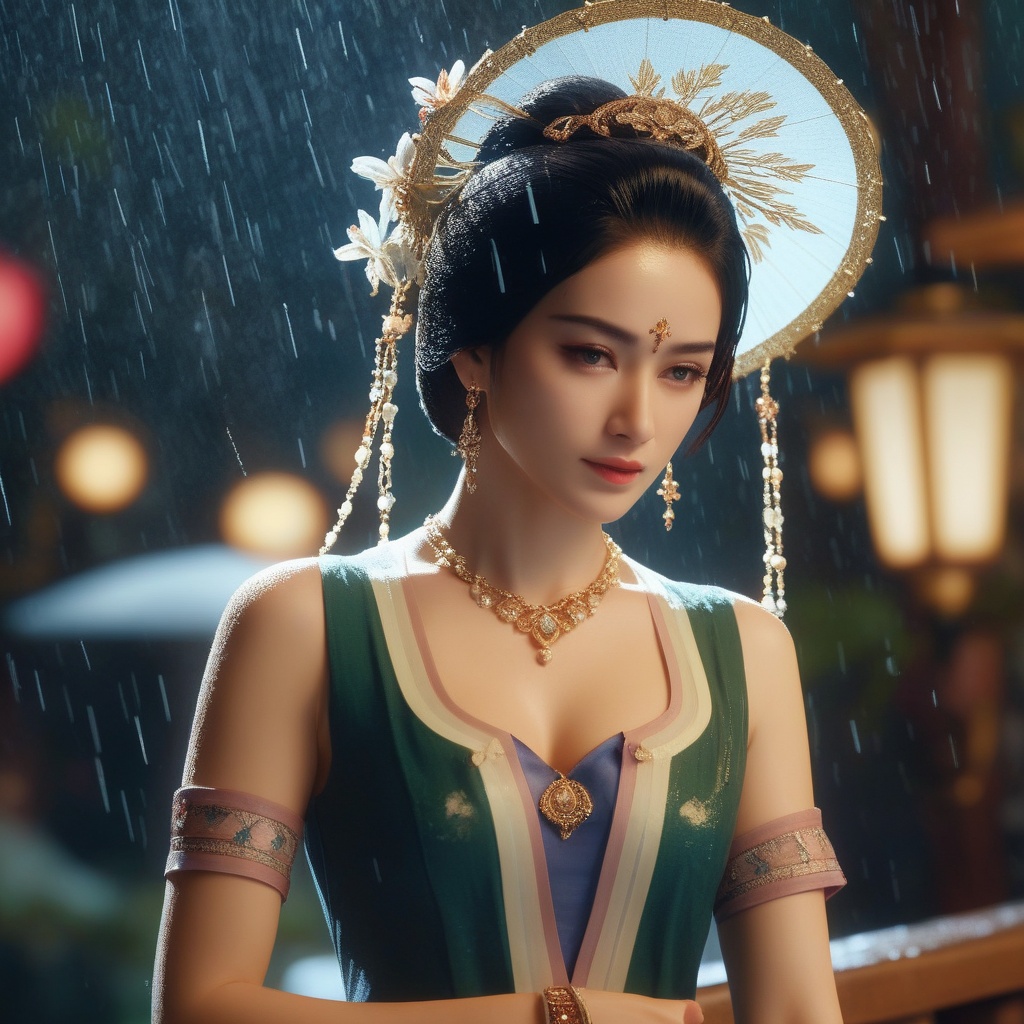 <lora:831-DA-XL-国风E:0.8>, (,1girl, ,best quality, ),, ,ultra detailed 8k cg,            cinematic lighting, cinematic bloom, (( , )),,  , unreal, science fiction,  luxury, jewelry, diamond, pearl, gem, sapphire, ruby, emerald, intricate detail, delicate pattern, charming, alluring, seductive, erotic, enchanting, hair ornament, necklace, earrings, bracelet, armlet,halo,masterpiece, (( , )),, realistic,science fiction,mole, ,cherry blossoms,(((, , ultra high res, (photorealistic:1.4), raw photo, 1girl, , rain, sweat, ,wet, )))(( , ))   (cleavage),lying,
