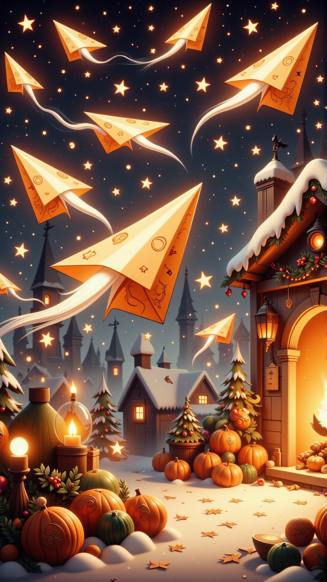 HalloweenGlowStyle orange themed Whimsical paper airplanes soaring in a dream,  Christmas theme,  red and green colors on...