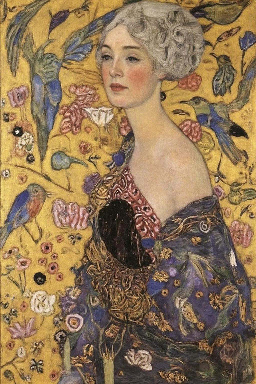 kl1mt painting.A woman with a serene,  contemplative expression. There are intricate drawings of bird and flowers in the b...