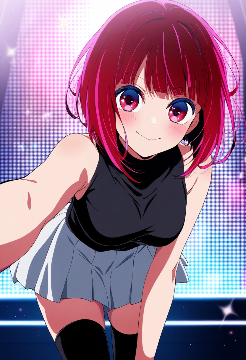 1girl, arima kana, oshi no ko, anime coloring, bent over, black shirt, black thighhighs, bob cut, breasts, closed mouth, inverted bob, looking at viewer, pleated skirt, red eyes, red hair, shirt, short hair, skirt, sleeveless, sleeveless shirt, smile, solo, thighhighs, white skirt,stage, masterpiece, high score, great score, absurdres