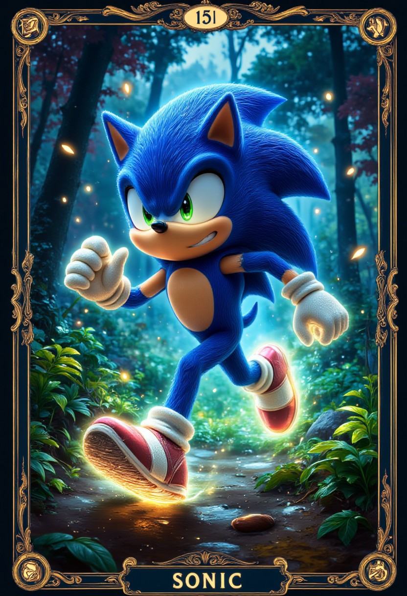 Sonic,  running in Green Hill Zone,  rings. Tarot Card on Tensor.Art