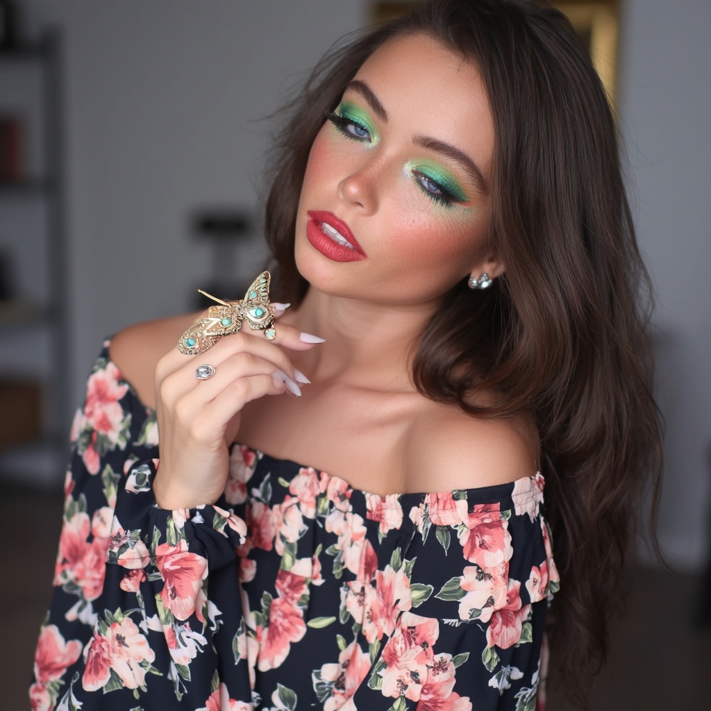 A portrait of sydney_melman captured in a candid moment. She wears a floral-patterned off-the-shoulder dress with pink, black, and white flowers. Her long, wavy brown hair falls to her shoulders, and she holds a small, ornate butterfly-shaped brooch in her right hand. Her makeup is bold, featuring striking green eyeshadow and red lipstick. The background is blurred, highlighting the subject. The image style is contemporary, emphasizing the subject's natural beauty and the intricate details of her jewelry.