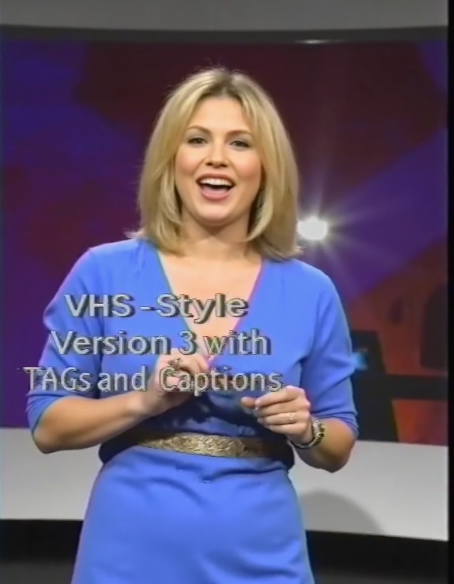 vhslora,  this image features a tv-host presenting a new product with Text saying:"VHS Style Version 3 with TAGs and Capti...