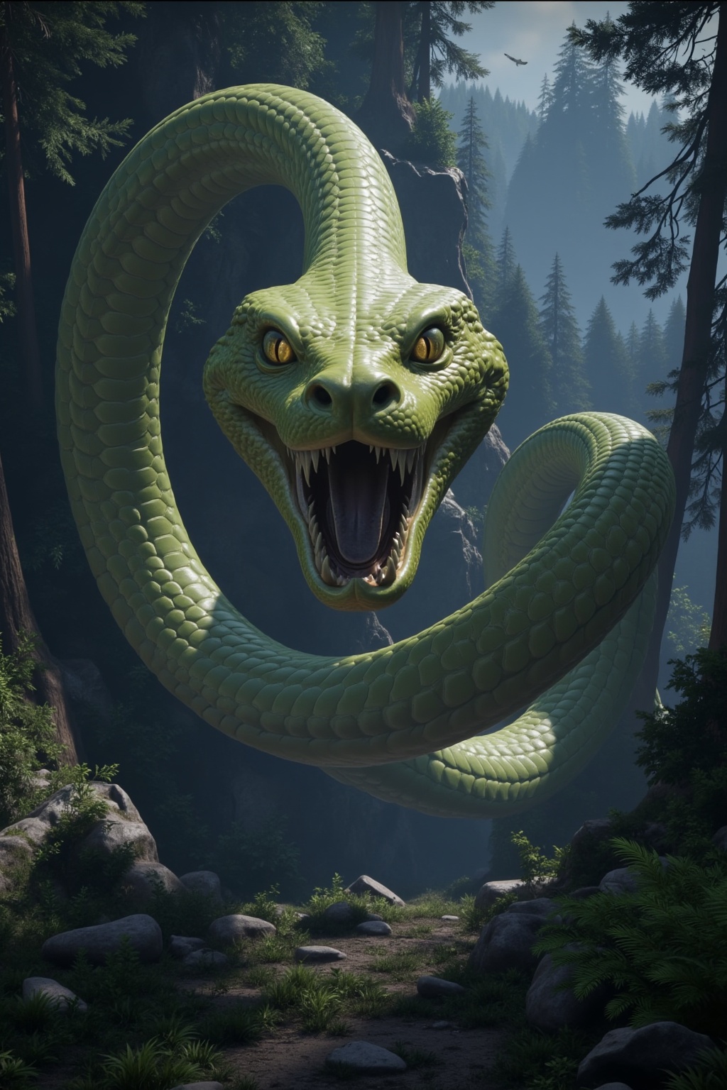 In the secluded mountain forest, a colossal serpent appears. Its massive body weaves through the trees and underbrush, its scales glinting in the dappled sunlight. Suddenly, the giant snake rears its head and lets out a thunderous roar.The sound reverberates through the forest, shaking the leaves and causing the branches to tremble. Birds take flight in alarm, and small animals scurry away in fear. The serpent's eyes blaze with a fierce intensity, and its jaws gape wide, revealing rows of sharp fangs.
