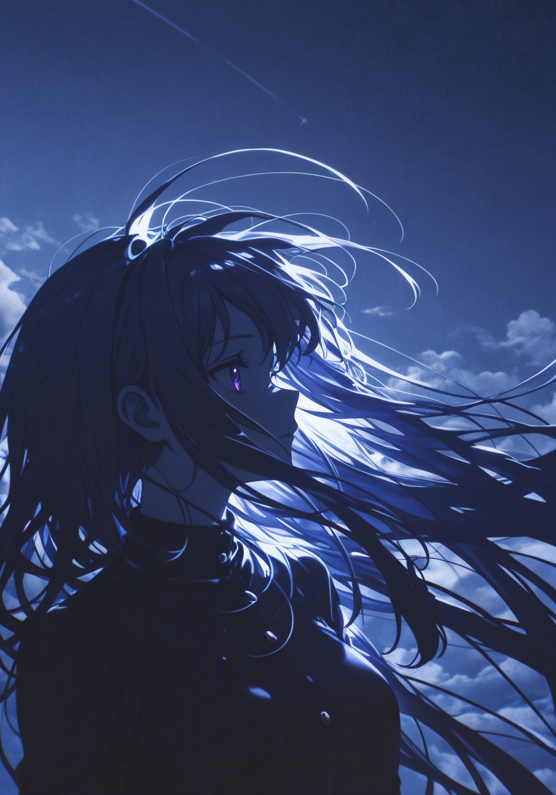 1girl, indigo theme, simple background, semi-[monochrome], anime, stylish anime wallpaper aesthetic, detailed grit texture overlay and detail BREAK long hair, silver gradient etching, sharp contrast, from side, looking away, dynamic movement, floating hair, wind, very_long_hair, dark background, gradient color, glow, hyperbloom, semi-transparent, konya karasue, above clouds, golden hour
