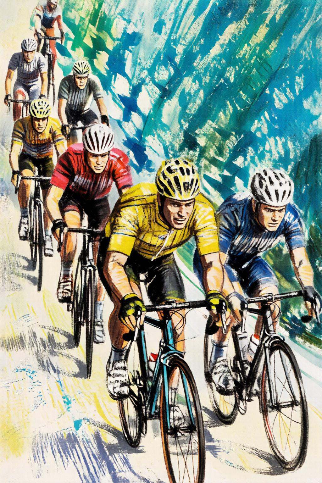 giannirenna2q illustration. A line of cyclists in motion. A cyclist in a yellow jersey is central,  riding a bicycle. The...