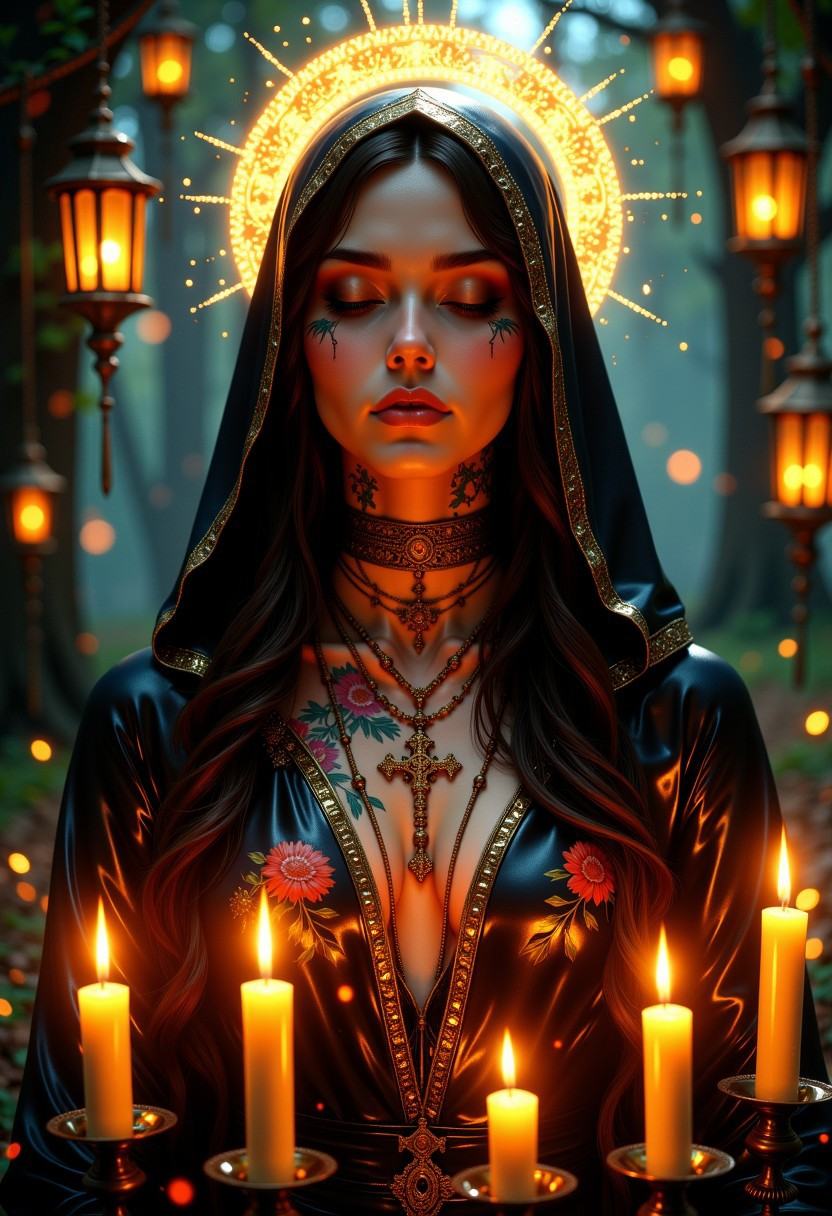 UnfazedfantasiiA mystical woman with a serene expression,  eyes closed,  wearing a dark hooded cloak made of glossy on Ten...