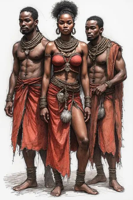 African modern woman is posing with two Masai warriors at her sides in the middle of an african tribe town.,  Please,  sel...