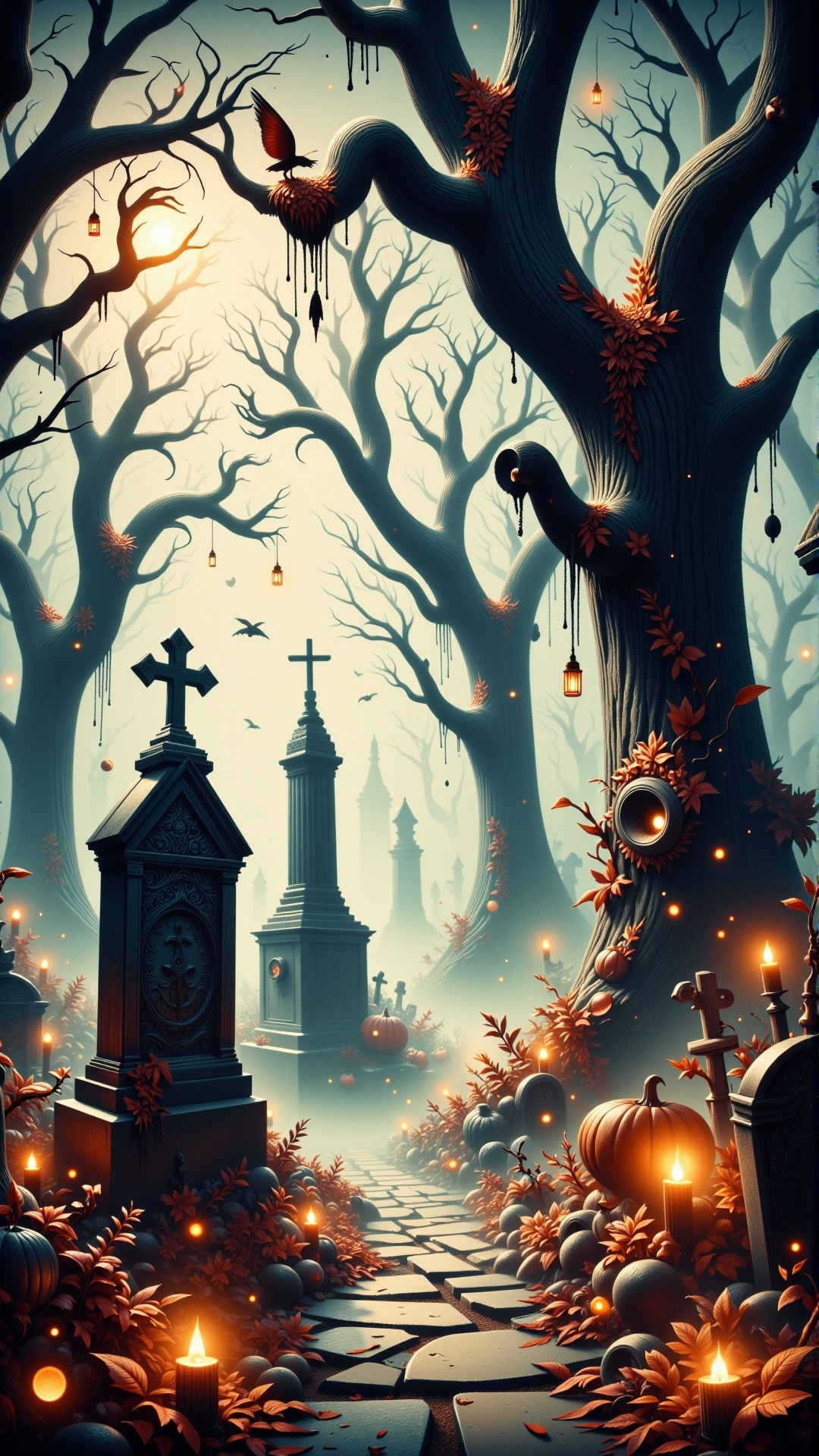 HalloweenGlowStyle orange themed Whispering willows in a forgotten cemetery,  soft sunset light,  misty atmosphere on Tens...