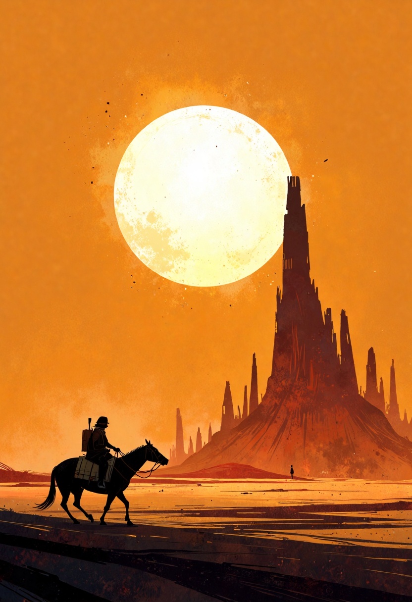 ppstorybook,  A sprawling desert under the scorching sun,  with towering sand dunes and a lone traveler on horseback on Te...