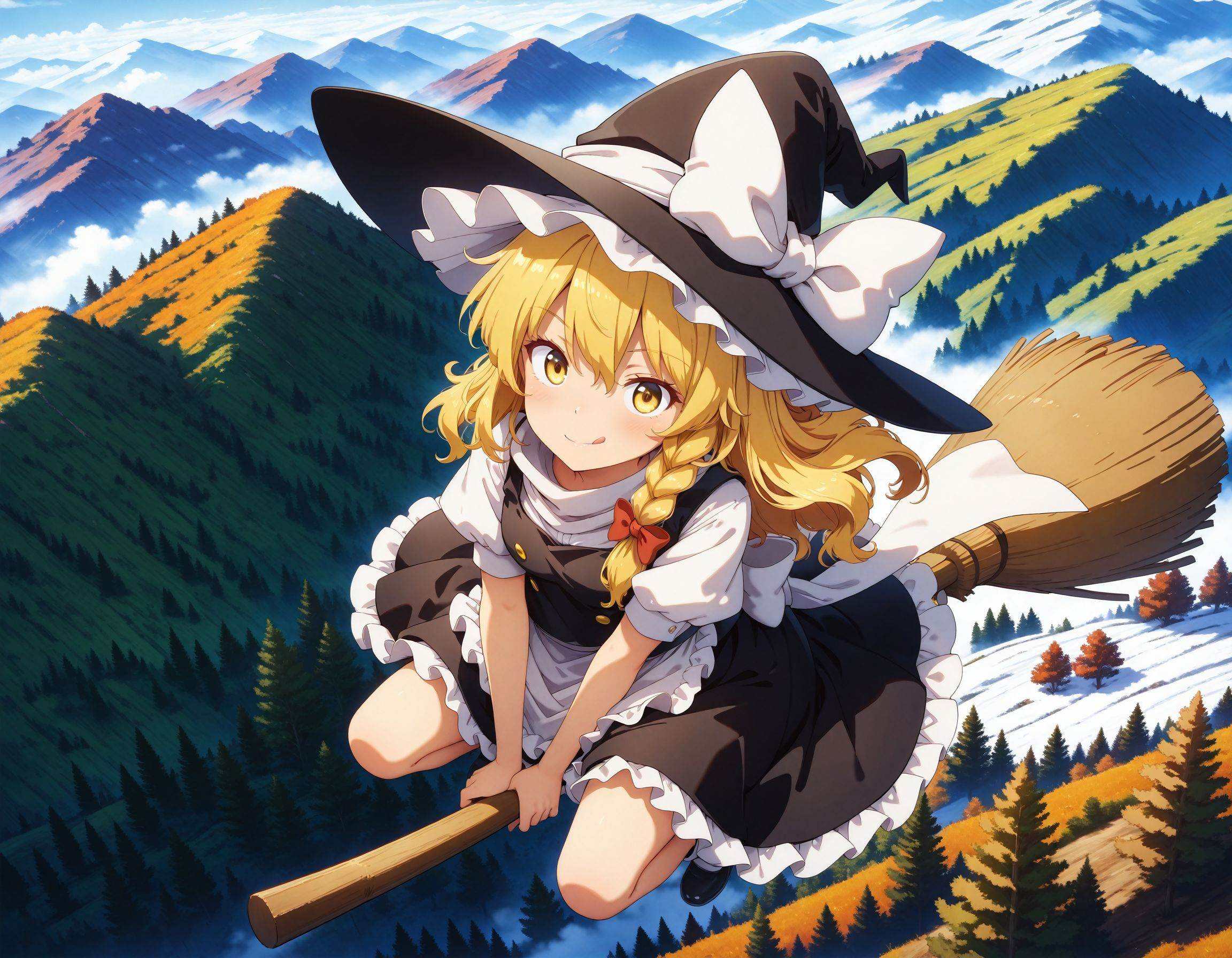 kirisame marisa,  licking lips,  broom riding on Tensor.Art