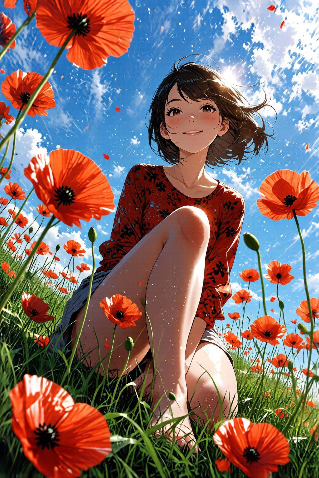 nijidigital3q anime illustration.Low-angle view of a young woman sitting in a field of vibrant red poppies under a bright...