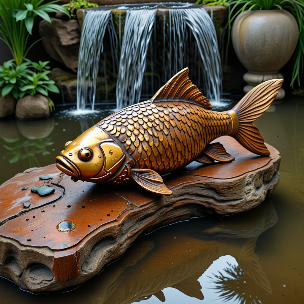 made of wood,  a gold fish statue,  antique statue on Tensor.Art