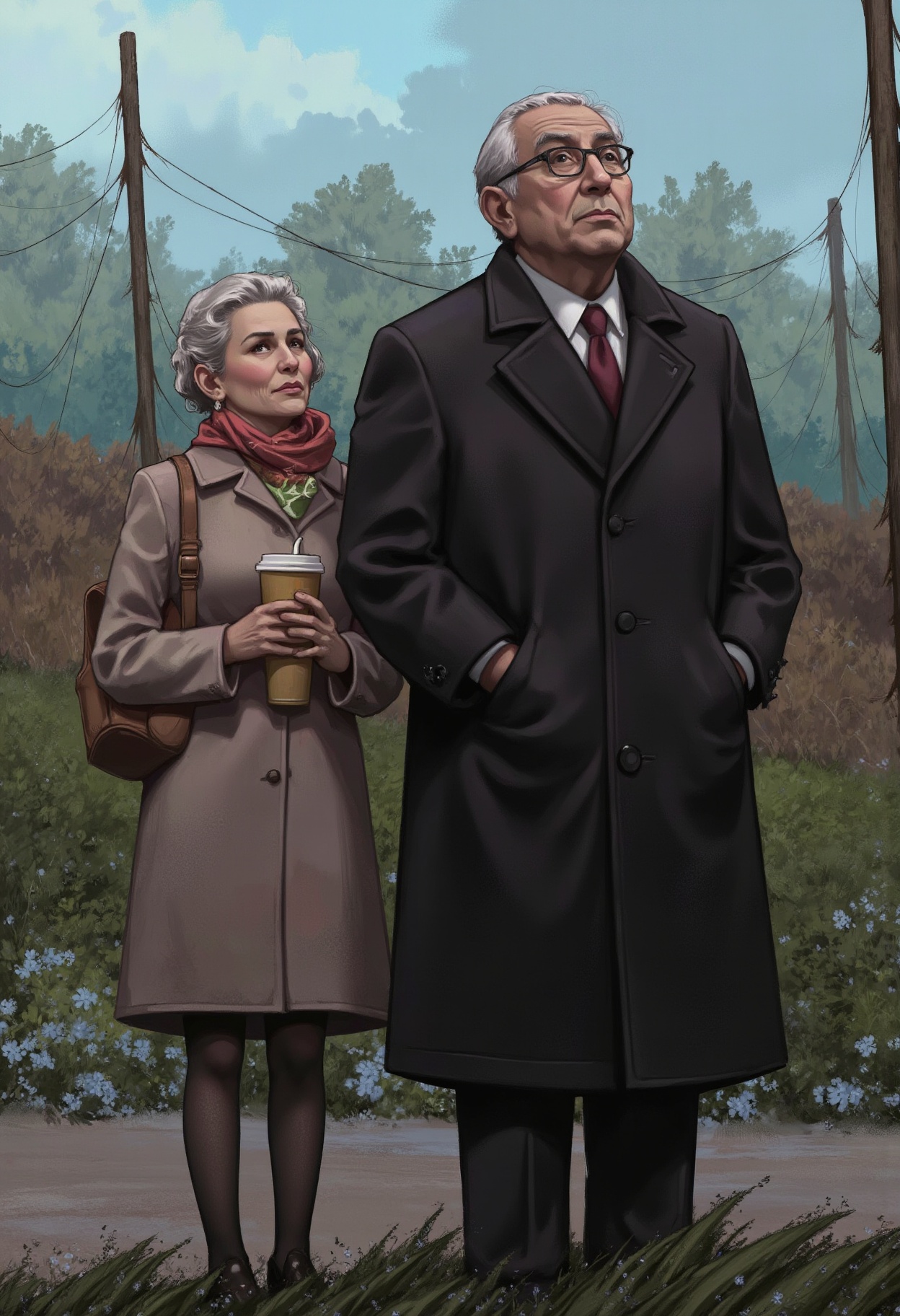 sc3n1ch0r1s0ns,  3,  an elderly woman clad in a warm coat and scarf standing beside the man also looking upwards on Tensor...