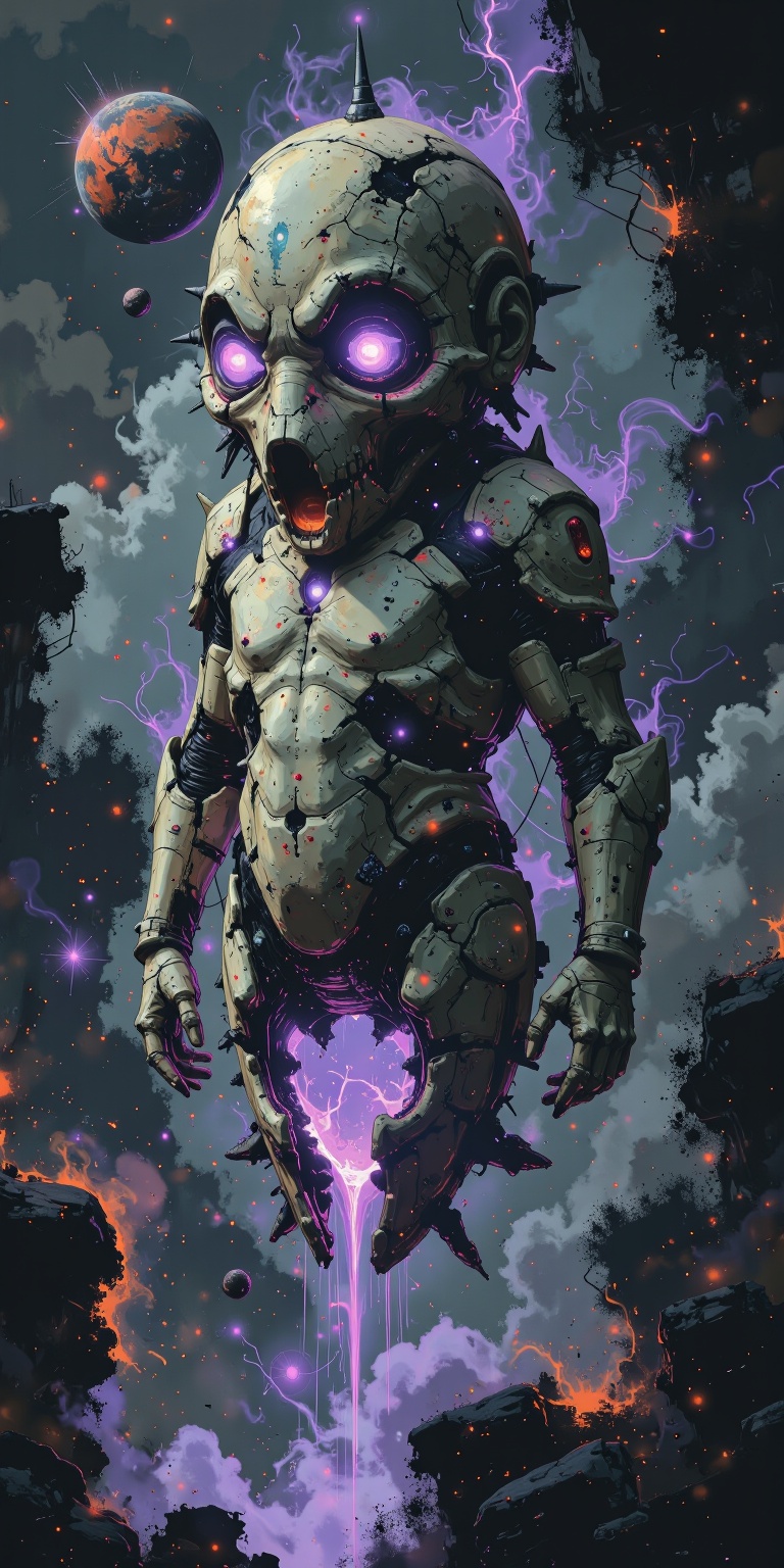 A humanoid space creature,  with transparent skin glowing purple,  surrounded by a small planet orbiting it on Tensor.Art
