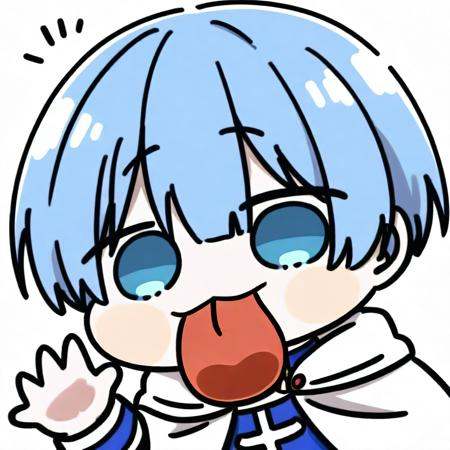 himmel_(sousou_no_frieren),blue_hair,1boy,blue eyes,white_cape,<lora:tongue out_ill-xl_e2:1>,chibi,tongue,tongue out,upper body,waving,