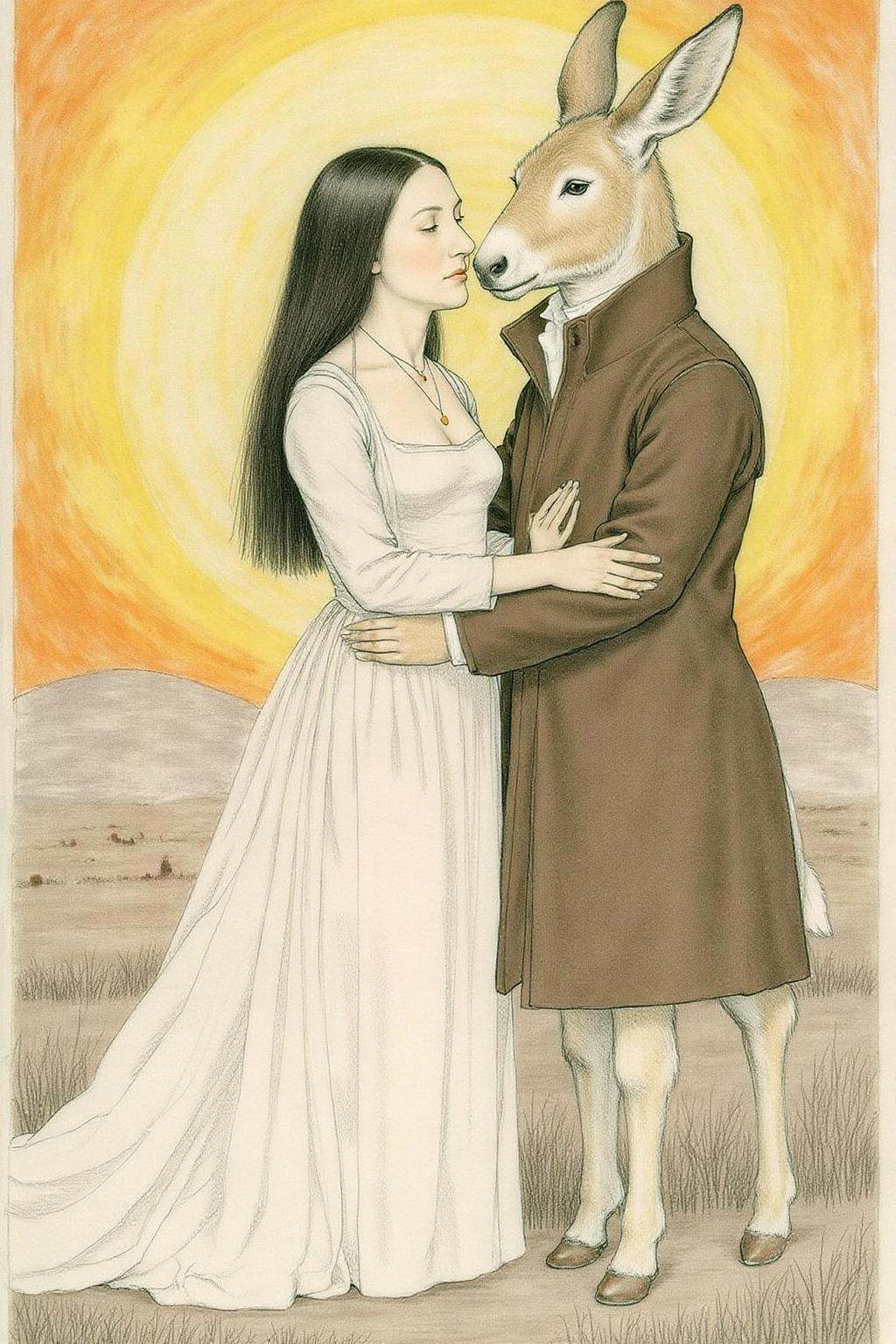 hansho1 monochromatic pencil drawing,  A surreal,  dreamlike scene with a woman and an anthropomorphic donkey embracing. T...