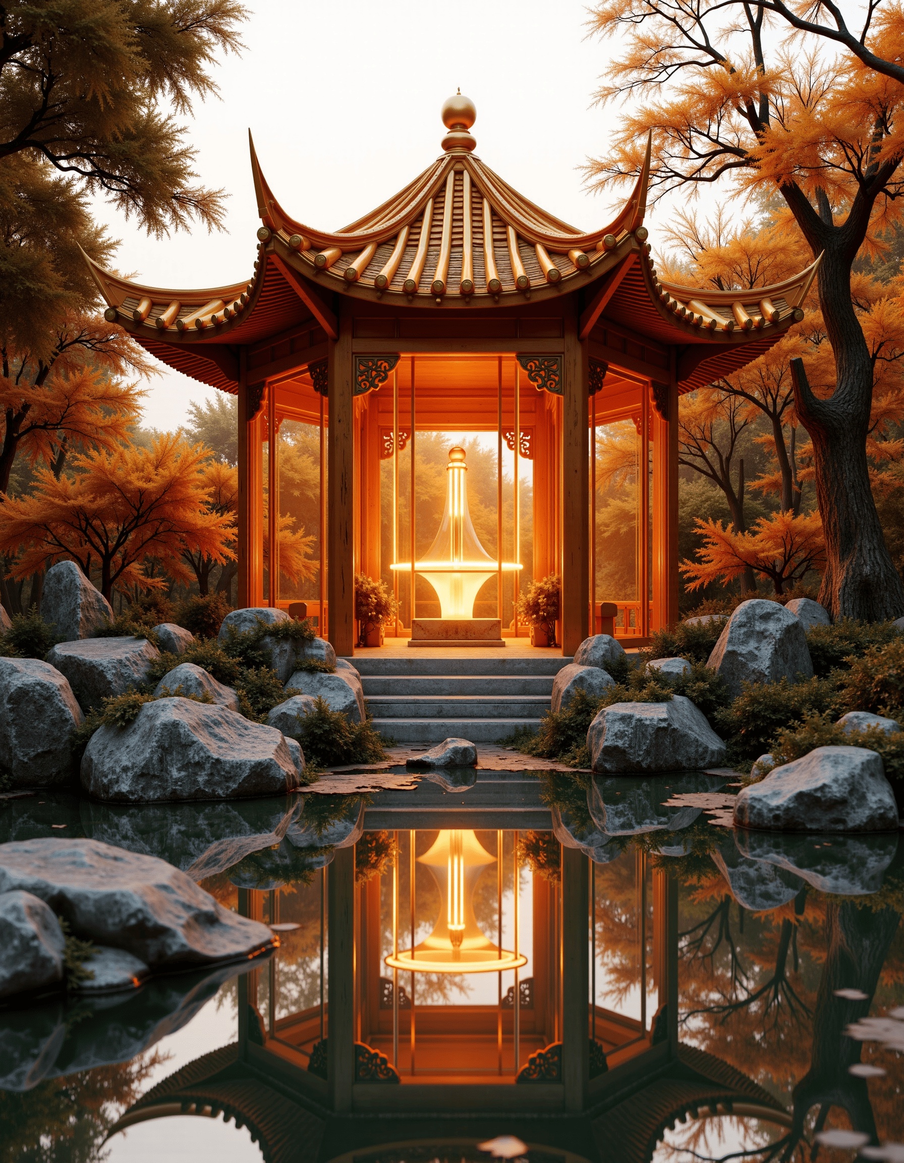 Best quality,masterpiece,ultra high res,(photorealistic:1.4),DFHJ,The image showcases a serene,traditional Asian-inspired garden. A golden-roofed pavilion stands prominently in the center,surrounded by a calm pond reflecting its glow. Autumnal trees,with leaves turning shades of orange and brown,provide a backdrop. The interior of the pavilion,illuminated by soft,warm lighting,reveals intricate details and ornate designs. The overall ambiance is one of tranquility and reverence.,