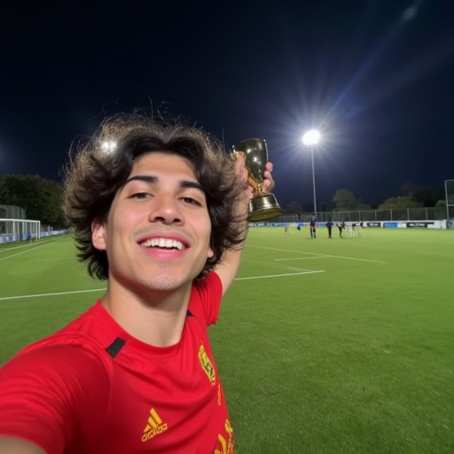 Selfie of Mattia on soccer field at night holding trophy in the air,  1boy on Tensor.Art