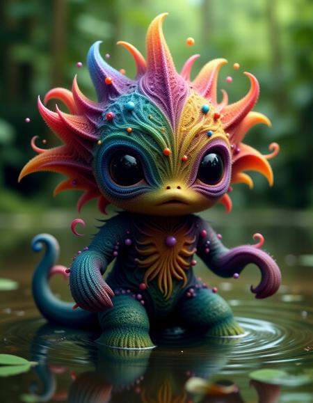 A cute colorful fluffy cthulhu, wildlife photography, in a swamp, 4K UHD, 8K UHD, High-definition, capturing <lora:ral-frctlgmtry_flux:1> ral-frctlgmtry