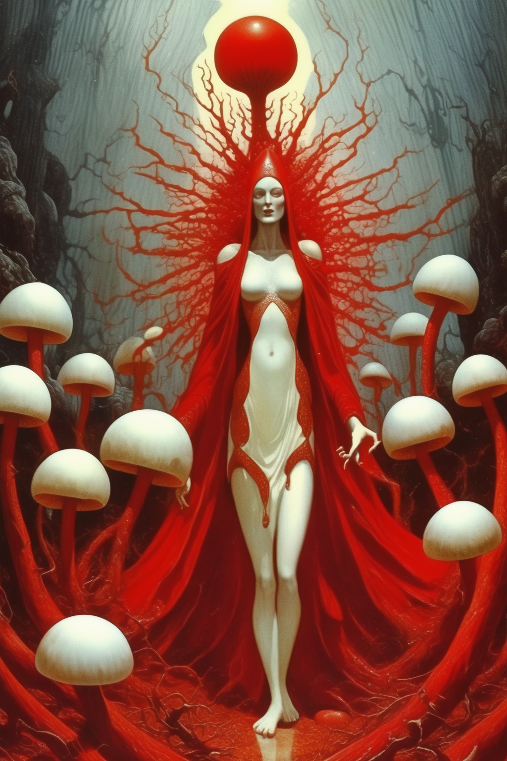 Philippe Druillet Style - a divine priestess battles against the dark forces of the devil,  raining red monsoons from the...
