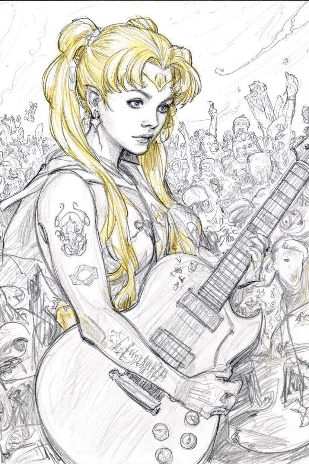 Pencil sketch.Sailor Moon,  her blonde hair style into twintail,  playing a guitar at a heavy metal mosh pit on Tensor.Art