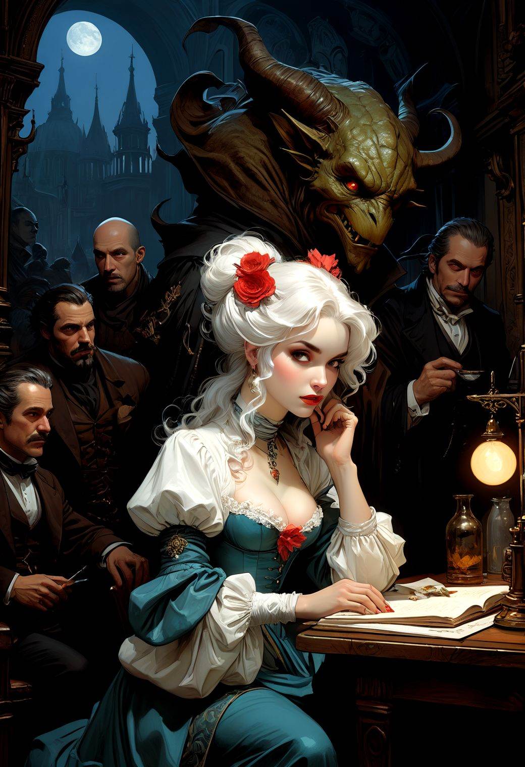 parisian comedy fantasy hatching doodle by John Howe,  James C. Christensen,  Lois van Baarle Jason A. Engle Gerald Brom o...