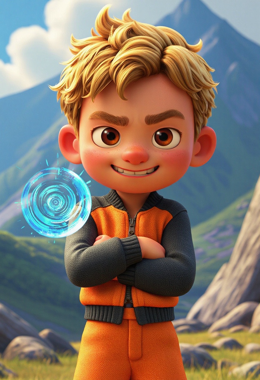 A young,  energetic boy with spiky blonde hair and signature whisker-like markings on his cheeks,  wearing an orange and b...