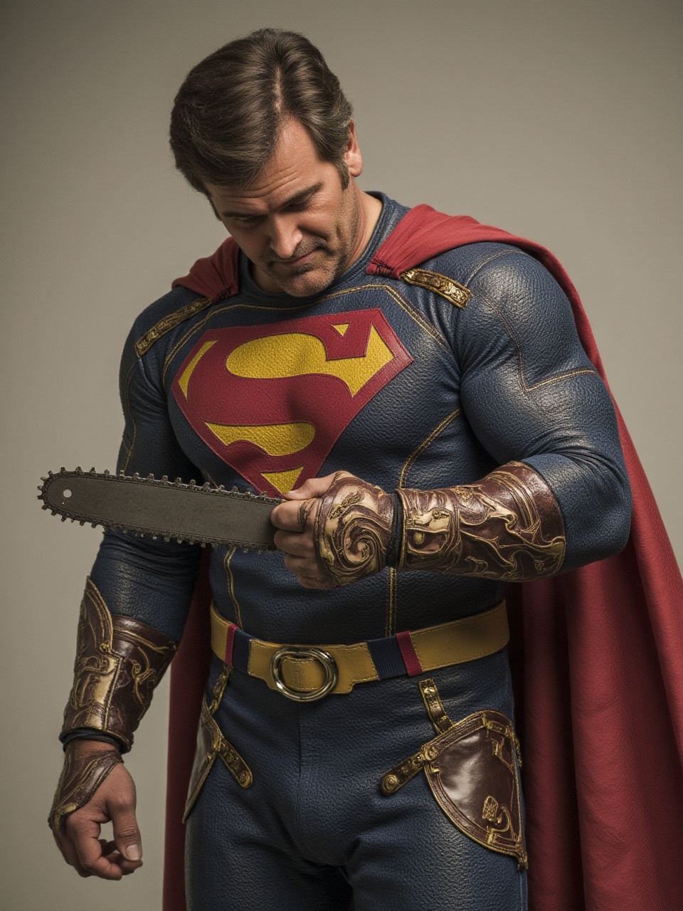 8ruc3c4mp83ll A man as a superhero version of himself,  struggling to fit into his own costume with his chainsaw hand gett...