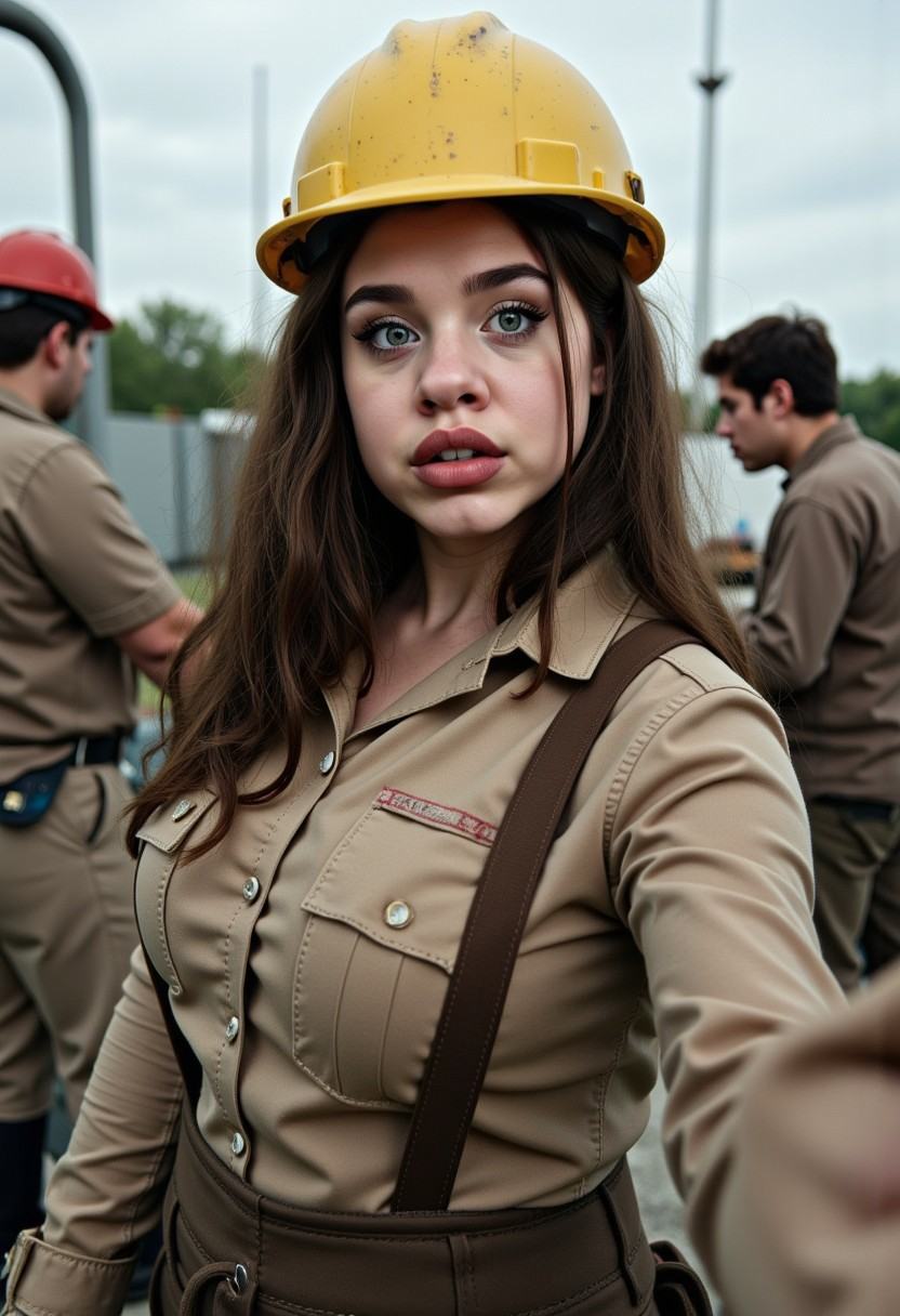 Gina as a construction worker directing other workers at a construction site outdoors at midday,  full body shot head to t...