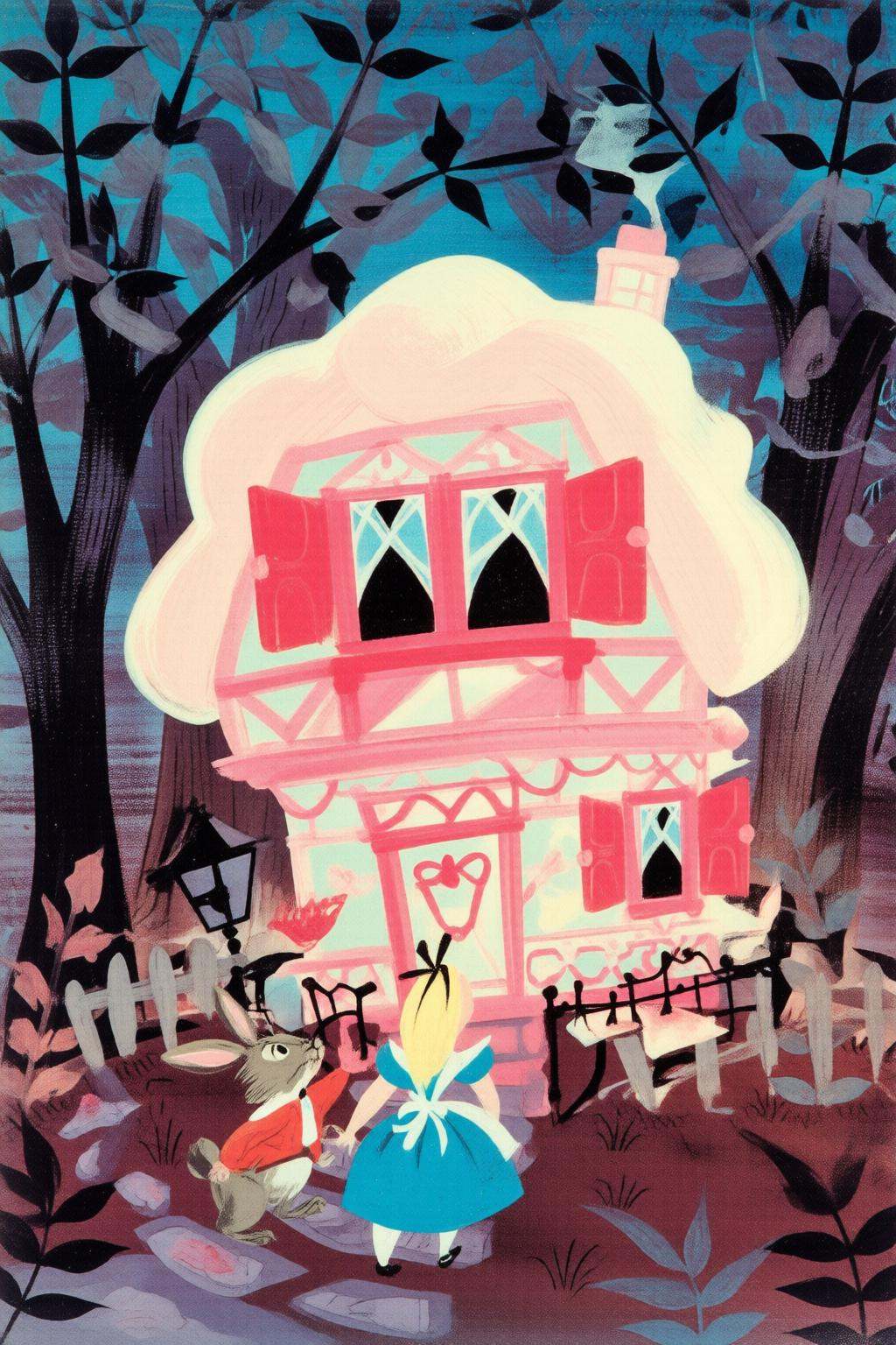 maryblair4q illustration.A house with a large,  rounded roof and pink and white colors. It has windows with flower designs...
