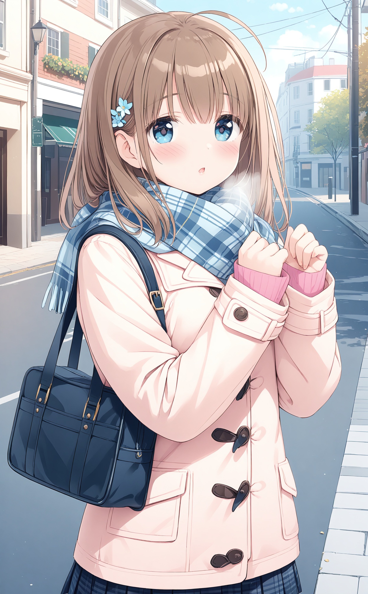 masterpiece,best quality,high quality,(colorful),loli,1girl,solo,outdoors,scarf,school bag,blush,bag,plaid,hair ornament,coat,brown hair,looking at viewer,sleeves past wrists,parted lips,long sleeves,skirt,fringe trim,hands up,breath,open clothes,day,plaid skirt,blue scarf,building,open coat,pink sweater,hairclip,sweater,pleated skirt,blue eyes,upper body,blue skirt,ahoge,plaid scarf,road,duffel coat,pink cardigan,street,school uniform,hair flower,white coat,flower,shoulder bag,cardigan,
