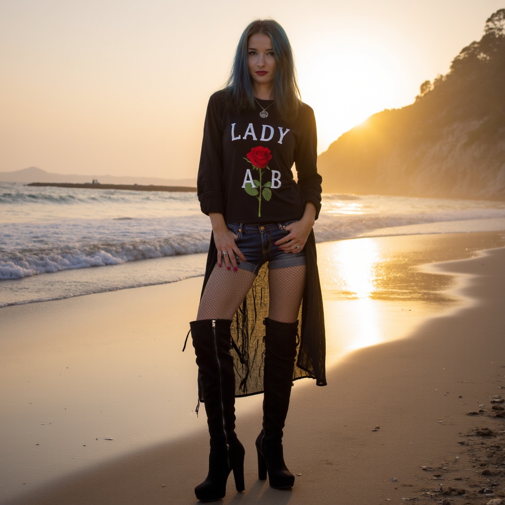 ladya cinematic,  golden hour lighting dark gothic young woman,  wearing a beautiful black tee that says Lady AB with a ro...
