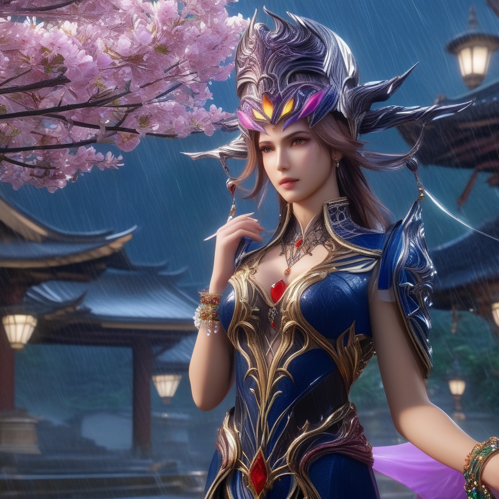 <lora:833-DA-XL-斗罗大陆-比比东-罗刹神:0.8>, (,1girl, ,best quality, ),, ,ultra detailed 8k cg,            cinematic lighting, cinematic bloom, (( , )),,  , unreal, science fiction,  luxury, jewelry, diamond, pearl, gem, sapphire, ruby, emerald, intricate detail, delicate pattern, charming, alluring, seductive, erotic, enchanting, hair ornament, necklace, earrings, bracelet, armlet,halo,masterpiece, (( , )),, realistic,science fiction,mole, ,cherry blossoms,(((, , ultra high res, (photorealistic:1.4), raw photo, 1girl, wet clothes, rain, sweat, ,wet, )))(( , ))   (cleavage),,  (),