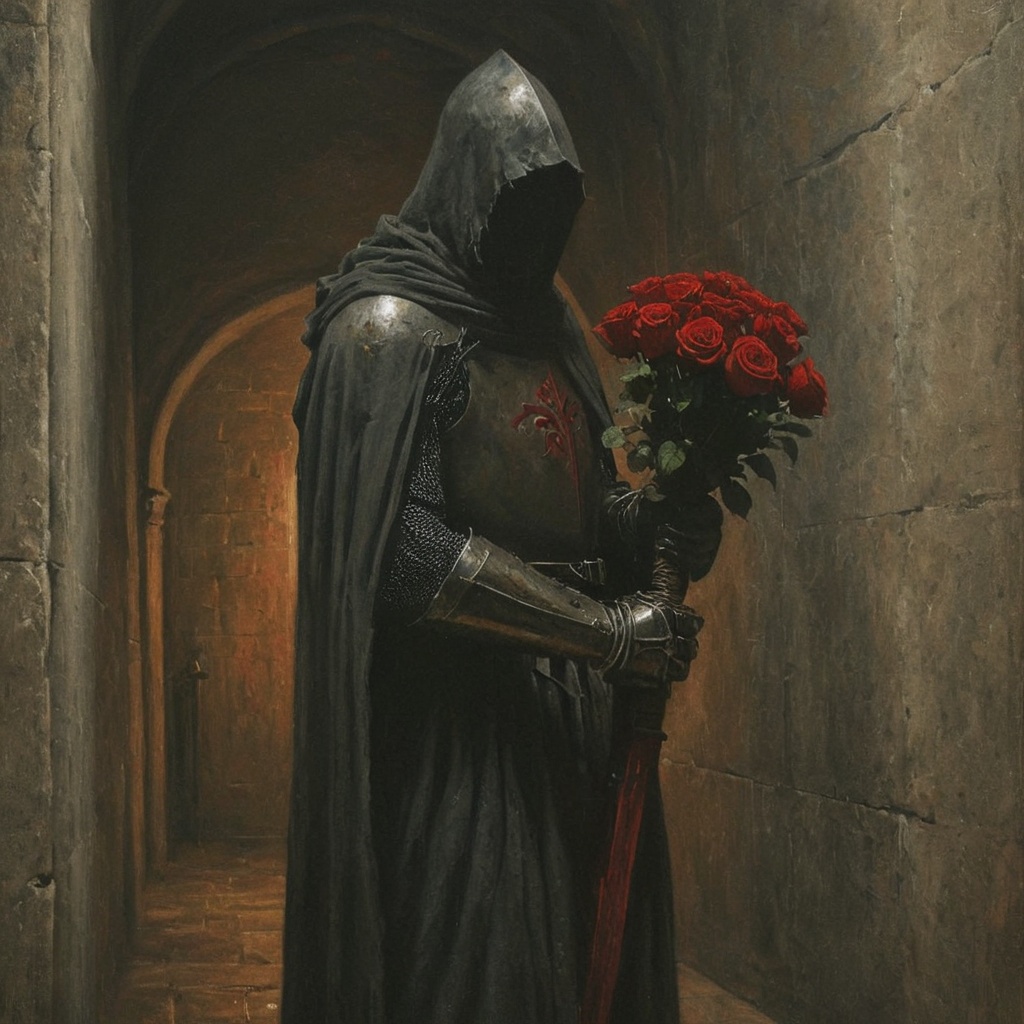 dark fantasy art style,  A painting of medieval knight shrouded in dark robes,  his head and face obscured by a thick hood...