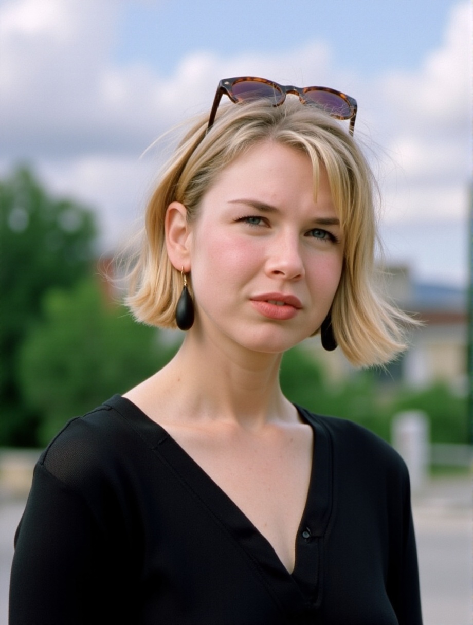 The image is a high-resolution photograph of a young woman with light skin and short,  platinum blonde hair,  styled in a...