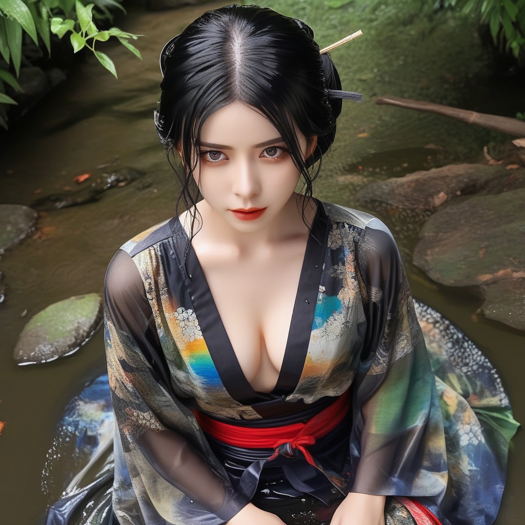 (,1girl, ,best quality, ),,  ,(Highest picture quality), (Master's work), , (ultra-detailed), the portrait is centered, 1girl, raiden shogun, nsfw, (wet clothes), blush, bare hips, (sheer shirt), (from above:1.7), (translucent dress), water drop, (rain), (outdoors), stained, wet hair, wet dress, wet, scenery, (long hair), nature background, close up, ((on back)), water,masterpiece, best quality, ultra high res, highly detailed, (abstract expressionism art:1.4), [girl | fire ghost:10], love,, dark rainbow theme, colorful, visually stunning, beautiful, gorgeous, emotional, intricate, perferct shading, rainbow hair,(sit),  ,(cleavage),, <lora:823-DA-XL-国模-恶女-VIVI:0.8>,