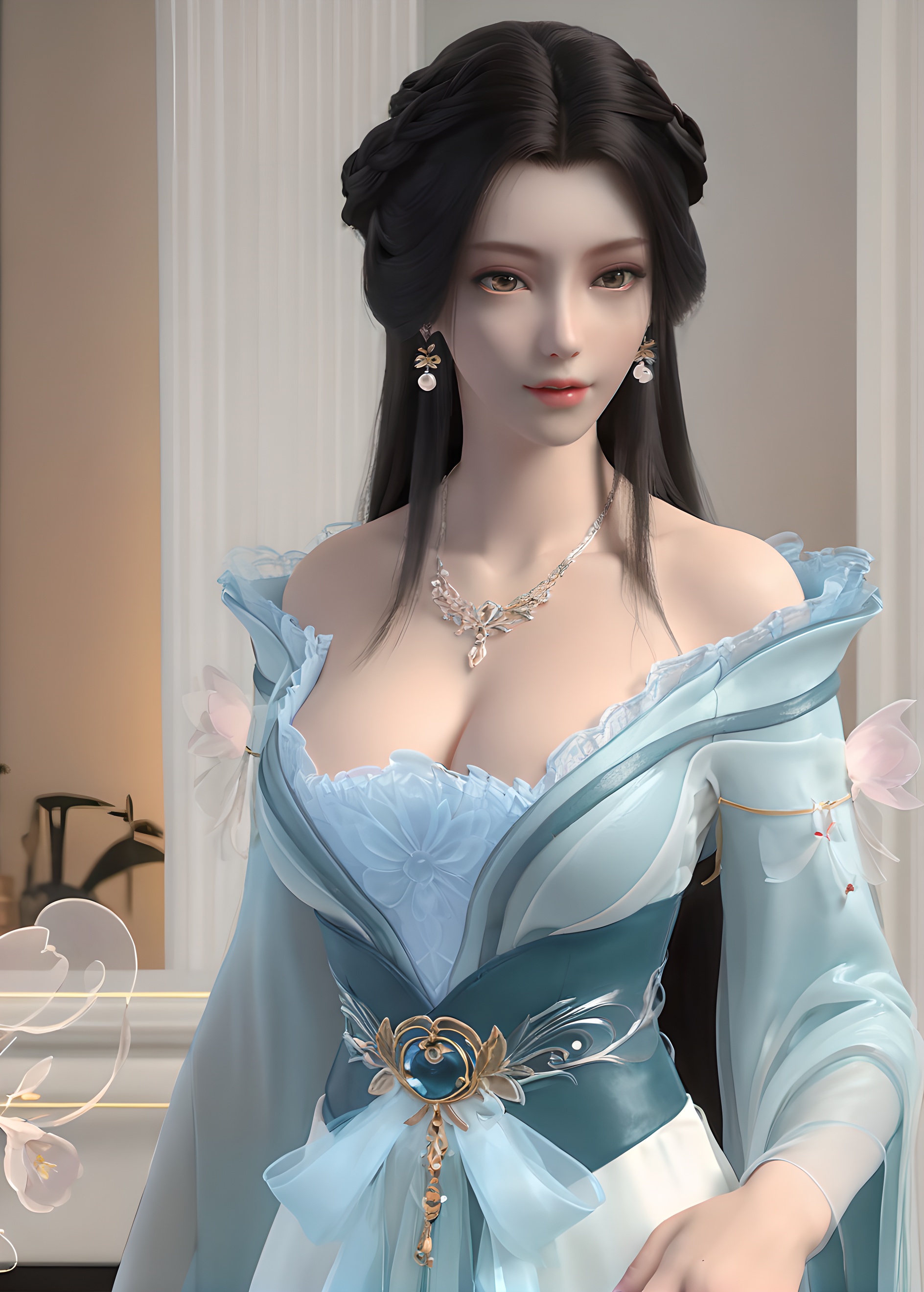 score_9,score_8_up,score_7_up,<lora:SF_JiangLi_Pony-000003:0.7>,incredibly absurdres,1girl,solo,standing,dress,breasts,large breasts,lips,jewelry,hair ornament,looking at viewer,white background,