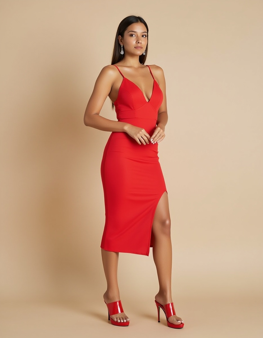 woman standing in a red dress and red mules on Tensor.Art