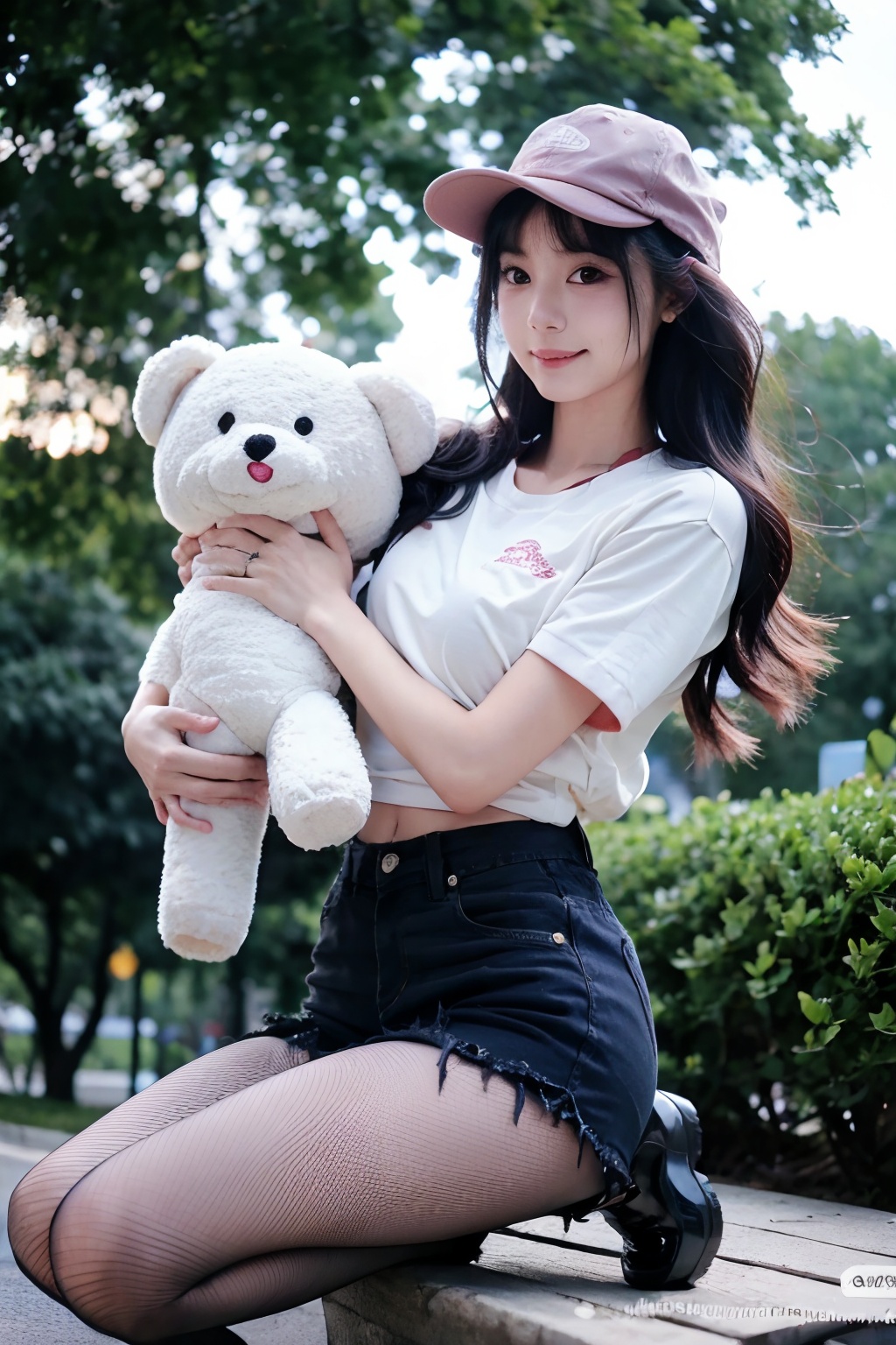 incredibly absurdres,huge filesize,ultra-high definition,extreme detail,8k,realistic,(masterpiece:1.3),(best quality:1.3),(photorealistic:1.4),realistic,4k,detail face,,1, 1girl, pantyhose, cosplay, black hair, solo, fishnets, hat, sitting, outdoors, fishnet pantyhose, shorts, long hair, looking at viewer, shirt, photo background, black eyes, white shirt, holding, bangs, smile, stuffed toy<lora:_20241116114738-000006:0.8>